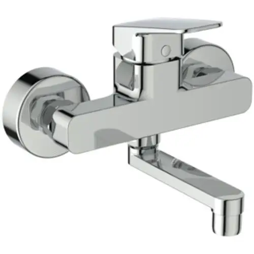 Wandmontierte Wasserarmatur aus Chrom von Ideal Standard mit einem schwenkbaren Auslauf und einem Hebel zur Temperatur- und Mengeneinstellung.